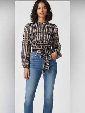 Women's Misa Black and Blush Patterned Long-sleeve Blouse open tie back